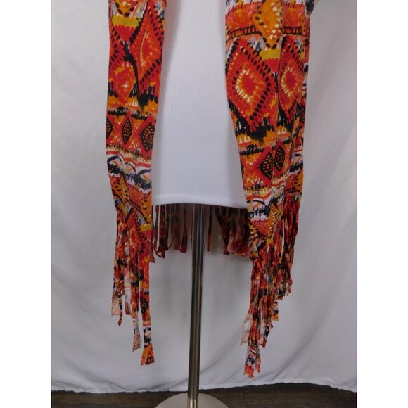Bohemian Fringe Hooded Vest 1X By Llave Red & Orange Geometric Pattern - Picture 8 of 10